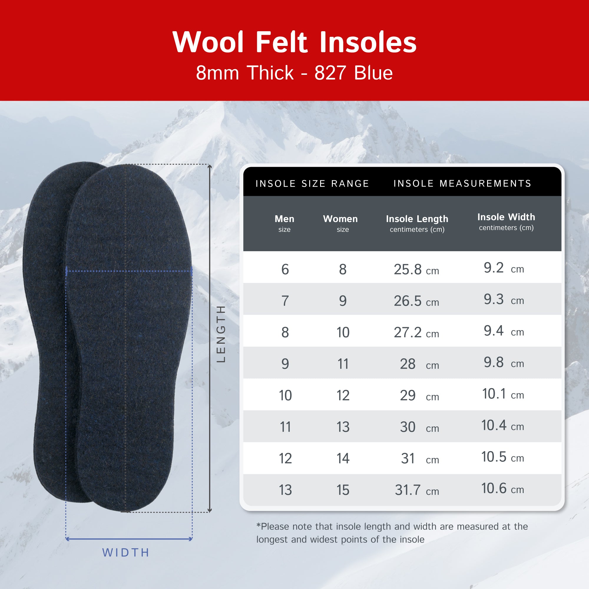 Wool Felt Insoles - 8mm Thick, 2 Pair