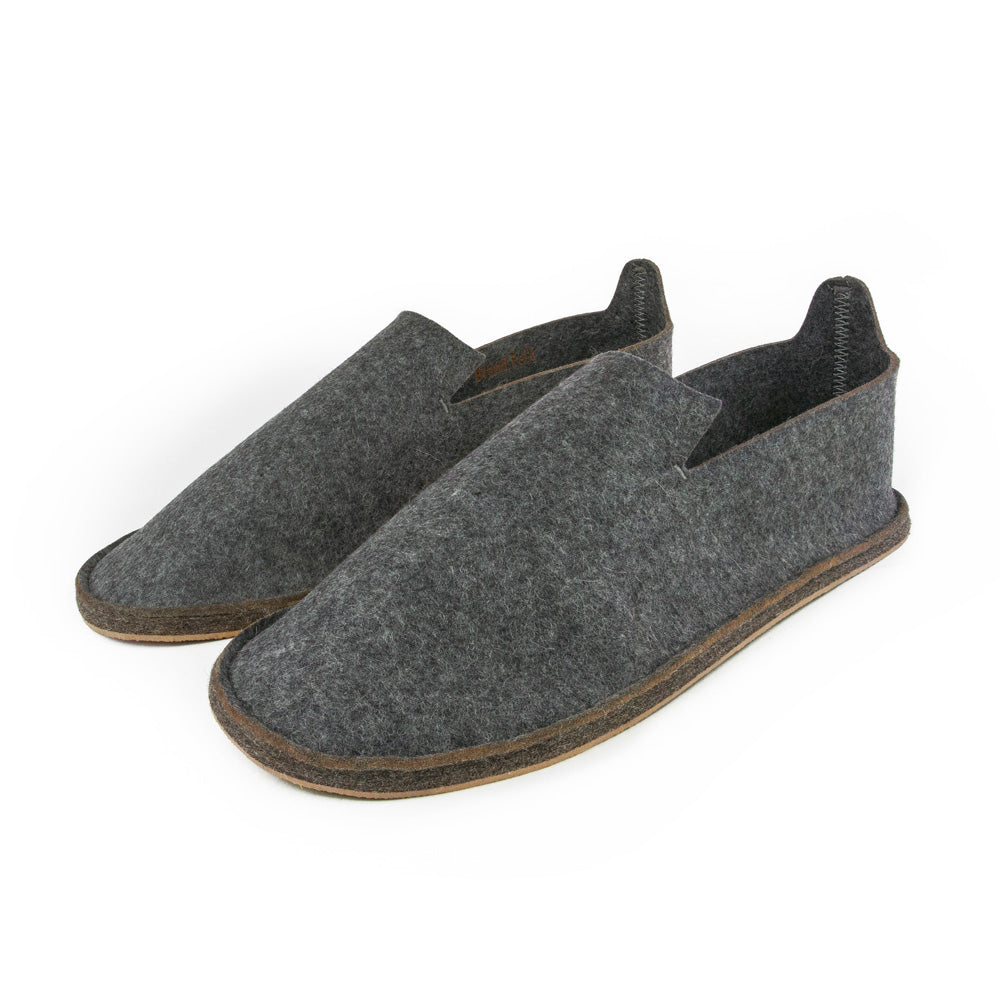 A pair of Earth Stone Gray Wool Felt Slippers side-by-side on a white background — Regulates temperature and moisture for odor-resistant wool slippers — 100% Wool Felt Slippers made in Canada