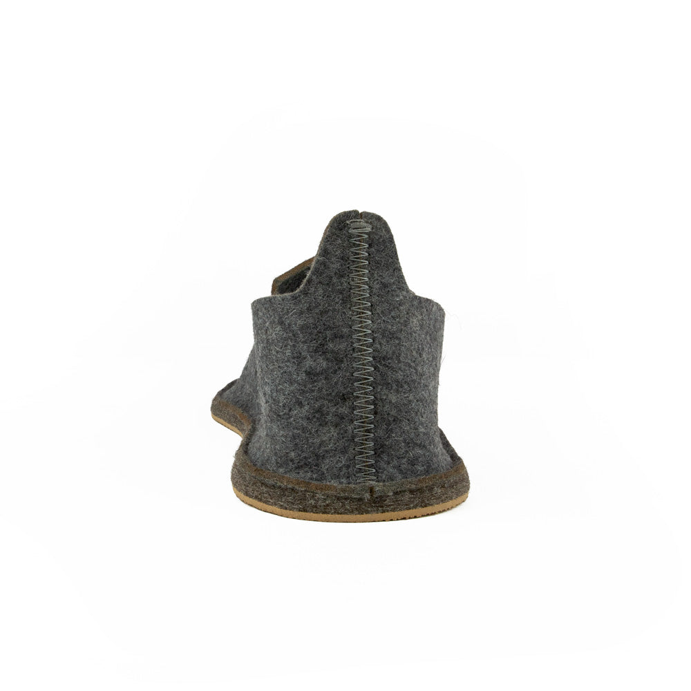 The back of a wool slip on slipper with pull tab on a white background — Ultimate comfort and crafted for luxury — Stone gray non toxic wool slippers