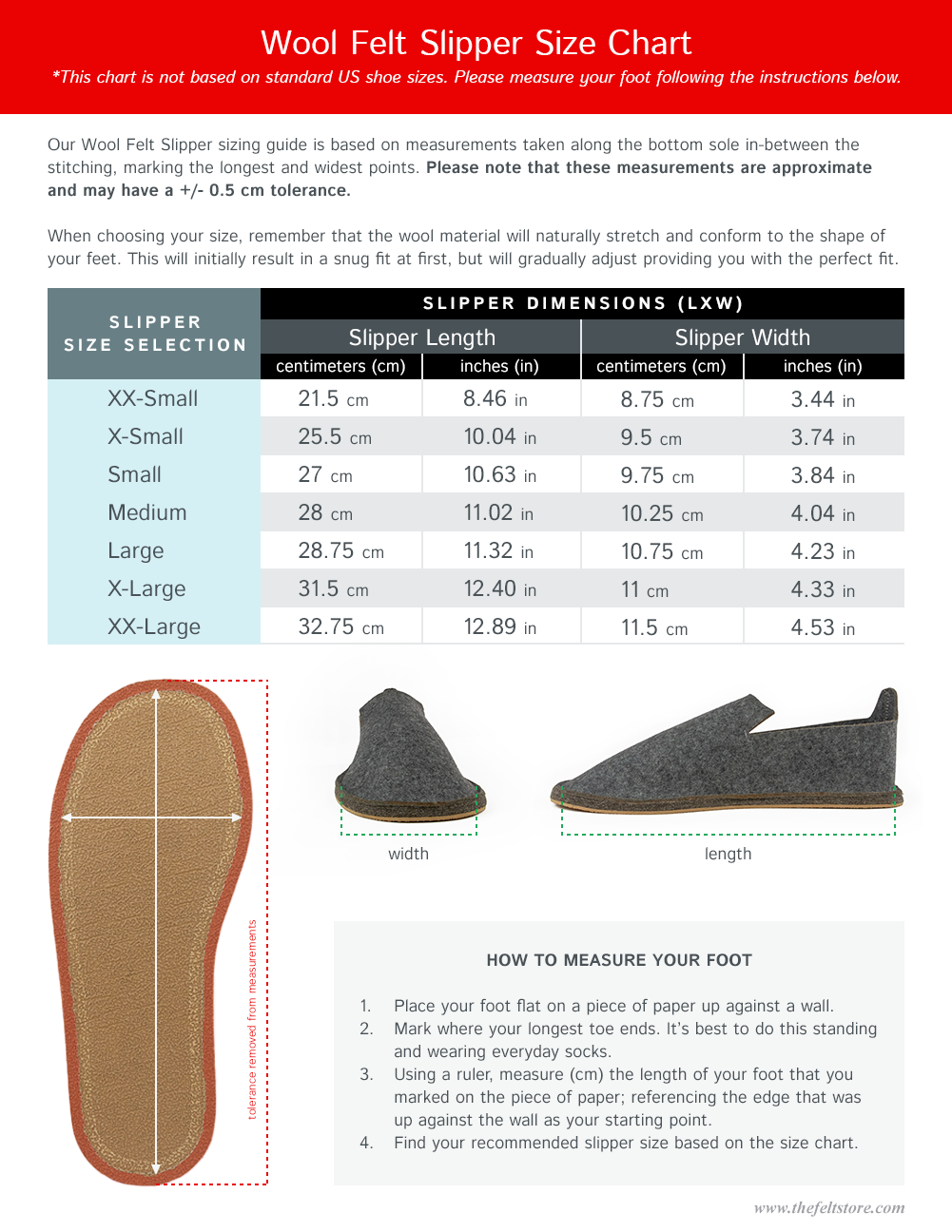 100% Wool Felt Slipper size chart — Find your perfect fit with The Felt Store's comprehensive slipper size guide — Includes instructions on how to measure your foot