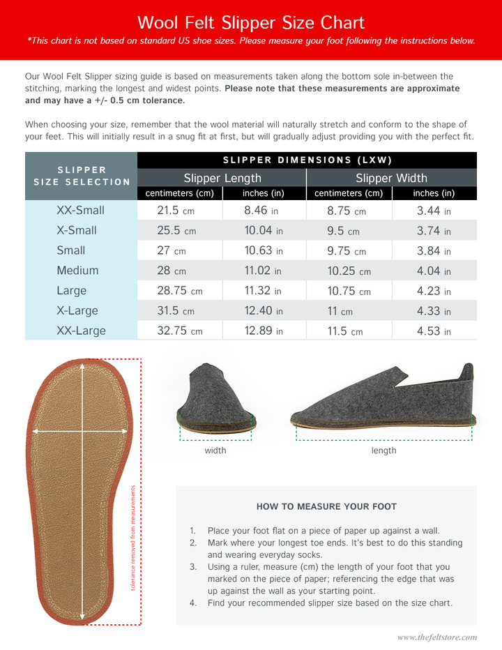 100% Wool Felt Slipper size chart — Find your perfect fit with The Felt Store&